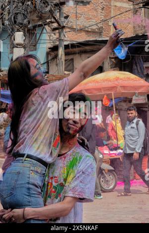 Enjoying colorful Holi festival, Kathmandu, Nepal Stock Photo