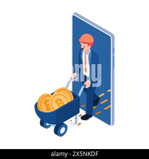 Flat 3d Isometric Businessman with Wheelbarrow Full of Bitcoin. Bitcoin Mining and Cryptocurrency Investment Concept. Stock Vector
