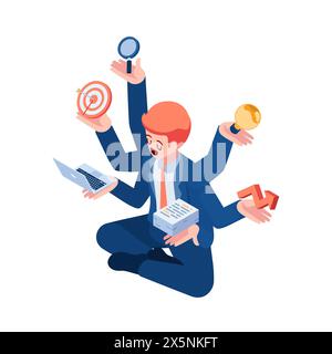 Flat 3d Isometric Businessman Doing Many Tasks at The Same Time. Multitasking and Productivity Concept Stock Vector