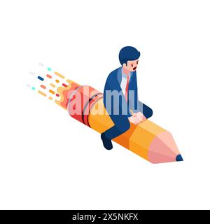 Flat 3d Isometric Businessman Flying with Pencil. Content Writer and Creativity Concept. Stock Vector