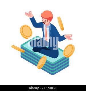 Flat 3d Isometric Businessman Meditating on Pile of Money and Coin. Financial Wellbeing and Wealth Accumulation Concept. Stock Vector