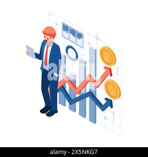 Flat 3d Isometric Businessman Analyzing Cryptocurrency Market Trends. Cryptocurrency and Bitcoin Investment Concept Stock Vector