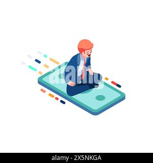 Flat 3d Isometric Businessman Flying on Money Carpet. Financial Growth and Investment Concept Stock Vector