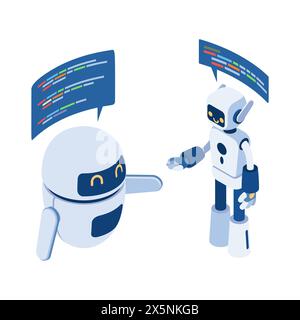 Flat 3d Isometric Two Ai Robot Talking. Artificial Intelligence and Automation Concept. Stock Vector