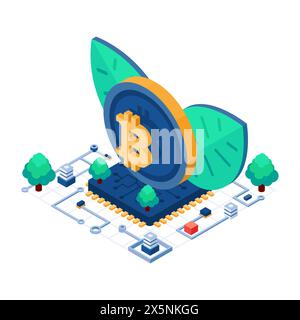 Flat 3d Isometric Sustainable Cryptocurrency Bitcoin Symbol and Leaf with Eco-Friendly Design. Sustainable Cryptocurrency and Bitcoin Concept Stock Vector