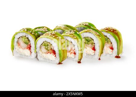 Green dragon rolls with tempura perch, cream cheese, cucumber and tobiko topped with avocado slices, unagi sauce and sesame, isolated on white backgro Stock Photo