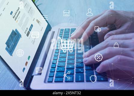 Hands typing on laptop, buying furniture online. Shopping concept icons in front of image. Modern digital shopping experience for home Stock Photo