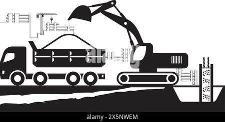 Earth mover loading dump truck on construction site - vector illustration Stock Vector