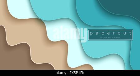 Paper cut turquoise water waves and sand beach background. Cutout minimalistic luxury layered waves . 3D frame icon for posters and flyers, presentati Stock Vector
