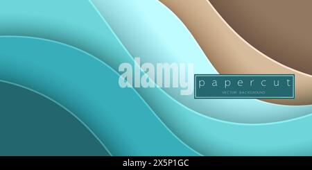 Paper cut turquoise water waves and sand beach background. Cutout minimalistic luxury layered waves . 3D frame icon for posters and flyers, presentati Stock Vector