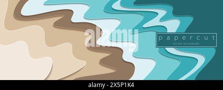 Paper cut turquoise water waves and sand beach background. Cutout minimalistic luxury layered waves . 3D frame icon for posters and flyers, presentati Stock Vector