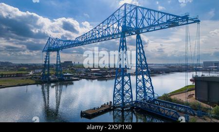 An aerial view of the Transporter Bridge which spans the River Tees between Port Clarence in the Borough of Stockton on Tees and Middlesbrough in North Yorkshire as seen on Thursday 9 May 2024. (Photo: Mark Fletcher | MI News) Credit: MI News & Sport /Alamy Live News Stock Photo