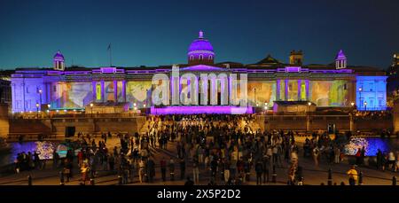 London, UK. 10th May, 2024. National Gallery illuminated with projections for the NG200 National Gallery 200th Anniversary, Trafalgar Square, London Credit: Paul Brown/Alamy Live News Stock Photo