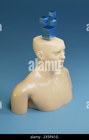Human figure with geometric bodies on his head. Thinking concept. 3d illustration. Stock Photo