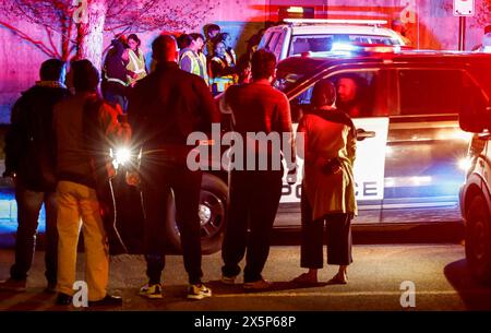Calgary, Canada. 09th May, 2024. Pro-Palestinian supporters face-off with police near an encampment at the University of Calgary in Calgary, Thursday, May 9, 2024.THE CANADIAN PRESS/Jeff McIntosh Credit: The Canadian Press/17�Թ����� Live News Stock Photo