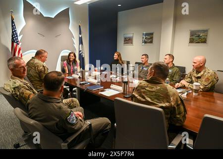 Eastover, United States. 05 May, 2024. U.S. Rep. Nancy Mace, left, meets with leaders of the 169th Fighter Wing, during a tour of McEntire Joint National Guard Base, May 5, 2024, in Eastover, South Carolina.  Credit: SSgt. Mackenzie Bacalzo/U.S Air Force/Alamy Live News Stock Photo