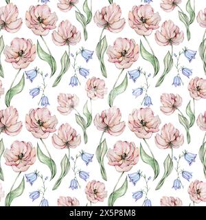 Seamless pattern with watercolor tulips and bluebells Stock Photo
