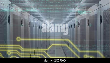 Image of data processing and integrated circuit over server room Stock Photo