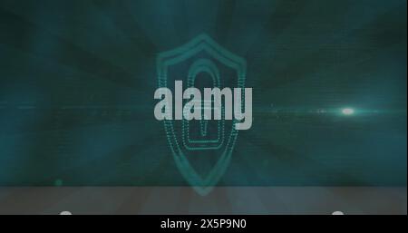 Image of light spot over security padlock icon against radial blue background Stock Photo