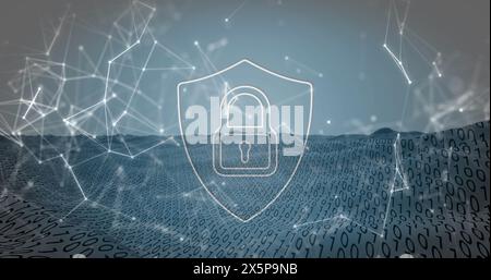Image of security padlock and network of connections against binary coding over digital wave Stock Photo