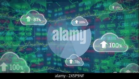 Image of clouds with uploading globe and icons rotating over globe rotating with numbers processing Stock Photo