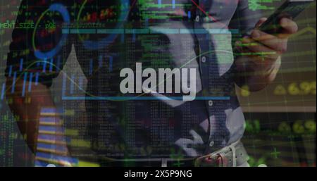 Financial data processing against mid section of a man using smartphone Stock Photo