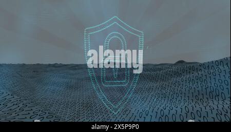 Image of light spot over security padlock icon against binary coding over digital wave Stock Photo