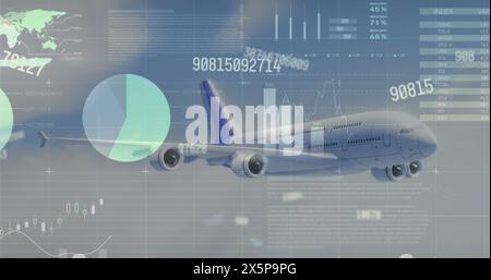 Image of charts, world map and data processing aeroplane flying in blue cloudy sky Stock Photo