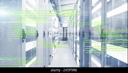 Image of data processing and mathematical equations against empty computer server room Stock Photo
