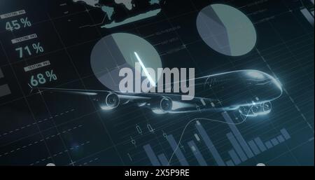 Image of aeroplane over charts and data processing on black background Stock Photo