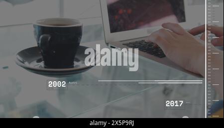 Image of data processing over hands using laptop Stock Photo