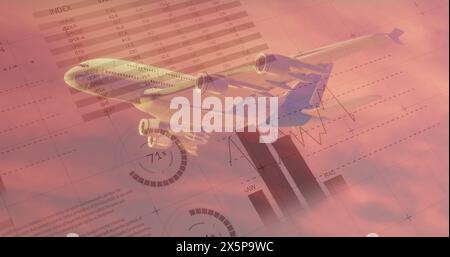 Image of aeroplane flying with charts and data processing over sunset clouds Stock Photo