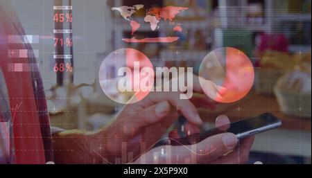 Statistical data processing against mid section of a man using smartphone Stock Photo