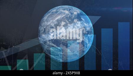 Image of data processing and globe over blue background Stock Photo