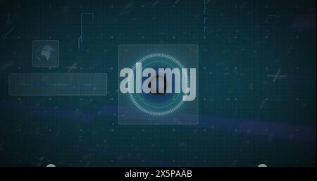 Image of qr code in circular tunnel, globe, circuit board pattern against abstract background Stock Photo