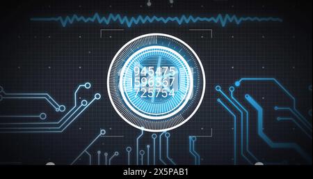 Image of abstract pattern in circles, multiple numbers over soundwave and circuit board pattern Stock Photo