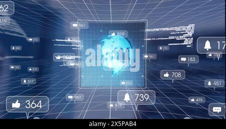 Glowing globe in center, surrounded by digital numbers and icons Stock Photo