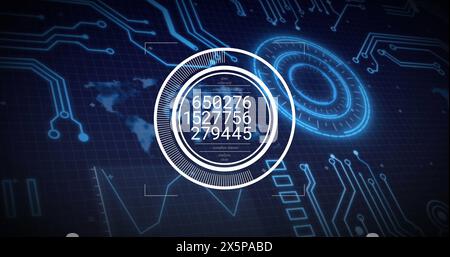 Image of multiple numbers in circles over radar, circuit board pattern, map and globe Stock Photo