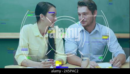 Image of scope scanning over diverse business people in office Stock Photo