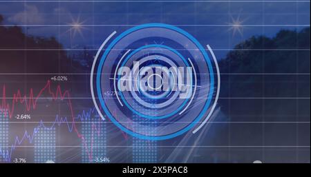 Image of neon round scanner and statistical data processing against aerial view of city traffic Stock Photo