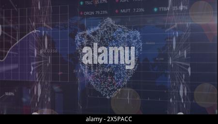 Image of data processing over shield and world map Stock Photo