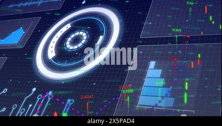 Image of graphs, processing circle and data on digital screen Stock Photo