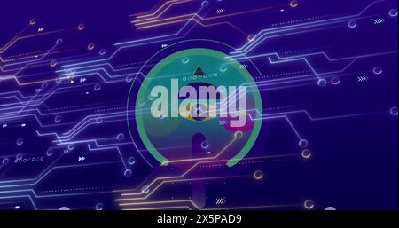 Image of data processing and spots over blue background Stock Photo