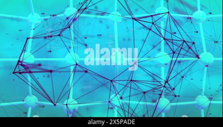 Image of connected dots forming geometric shapes, dna helixes, net pattern on blue background Stock Photo