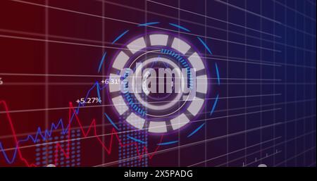 Image of neon round scanner and statistical data processing against purple gradient background Stock Photo