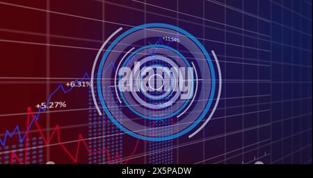 Image of neon round scanner and statistical data processing against purple gradient background Stock Photo
