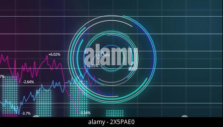 Image of neon round scanner and statistical data processing against blue gradient background Stock Photo