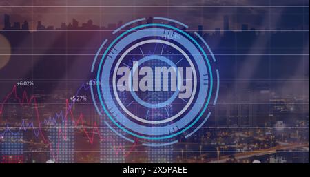 Image of neon round scanner and statistical data processing against aerial view of cityscape Stock Photo