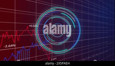 Image of neon round scanner and statistical data processing against purple gradient background Stock Photo