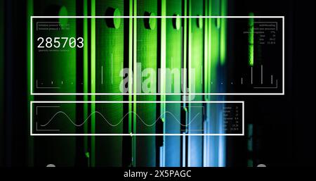 Data processing over glowing servers in dark computer server room Stock Photo